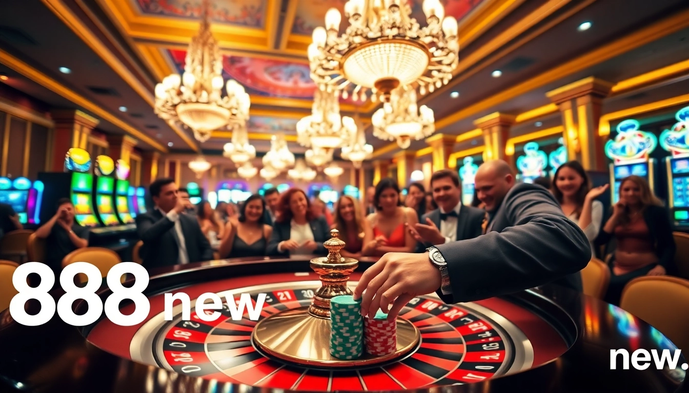 Players engaging in excitement at the 888new roulette table in an elegant casino setting.