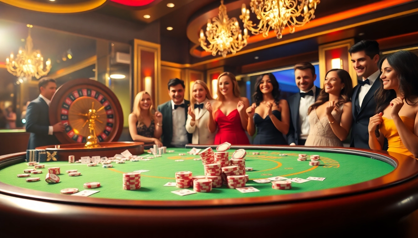 KUWIN casino players celebrating a win at a vibrant gambling table