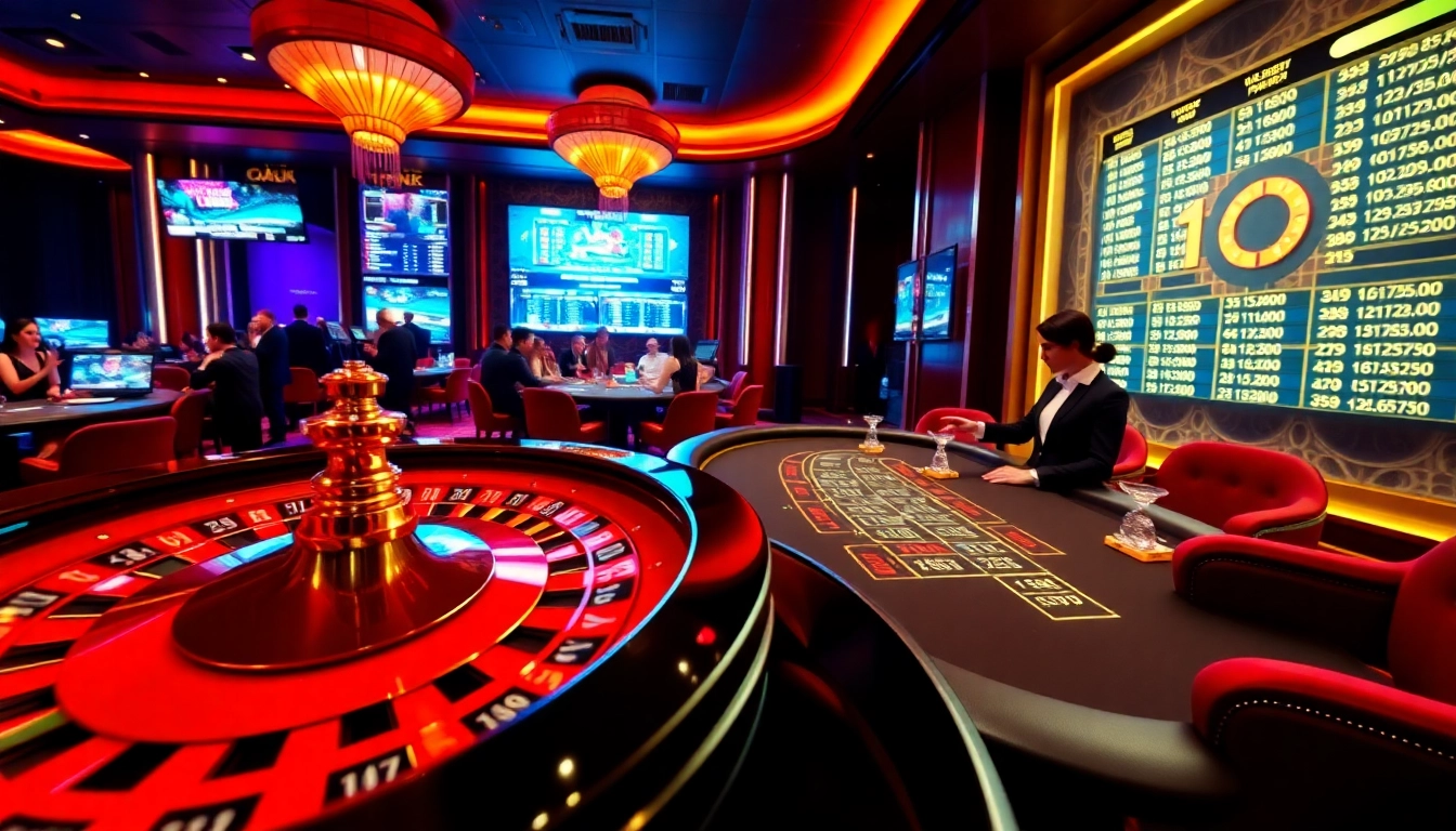 Engage in thrilling games at GG88's luxurious casino, featuring roulette and blackjack tables.
