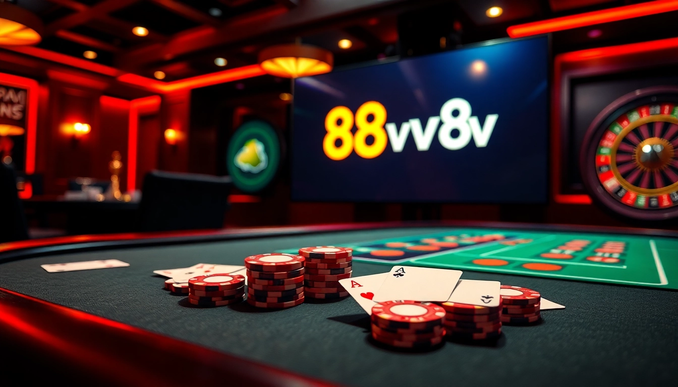Exciting roulette wheel and poker table scene featuring 88vv for a vibrant gambling experience.