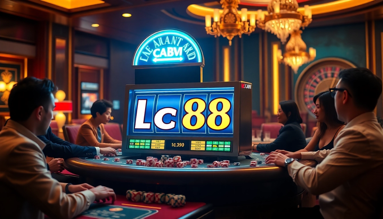 High-stakes players enjoy the excitement of the lc88 slot machine in a luxurious casino setting.