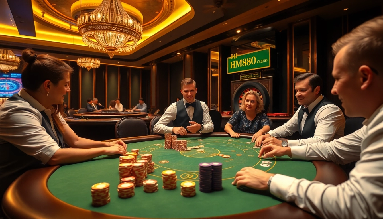 Experience thrilling poker action at HM88, with vibrant casino elements and engaged players.