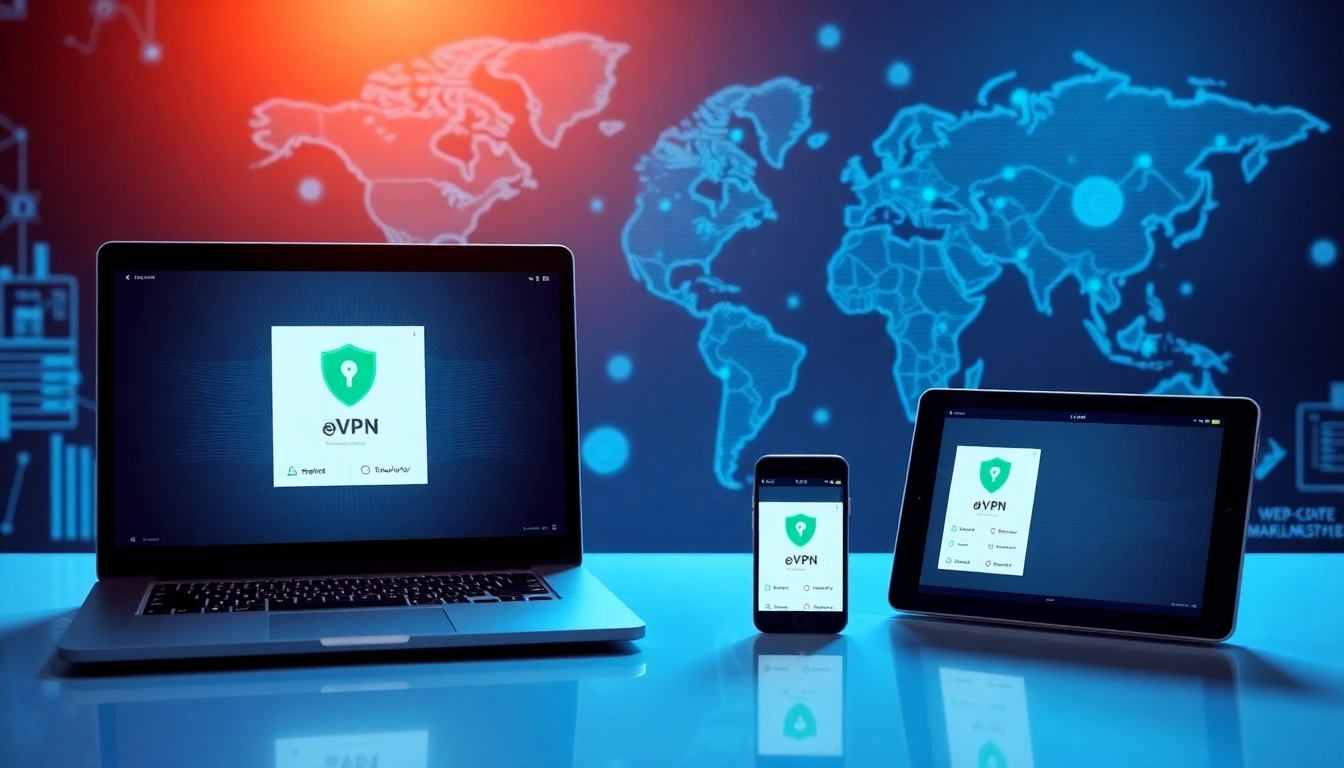 在笔记本电脑、智能手机和平板电脑上显示的快连VPN界面,展示全球连接性