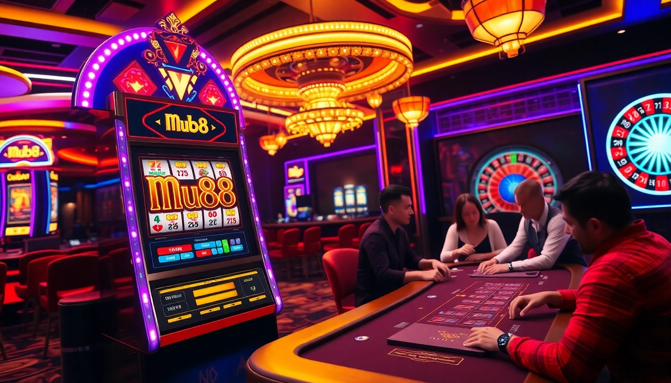 Experience the excitement of Mu88 with players at a poker table and a vibrant slot machine.