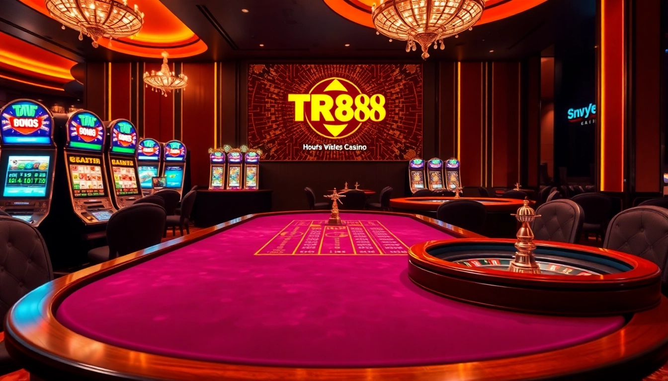 Experience the excitement of gambling with TR88 at a luxurious casino table filled with chips and slot machines.