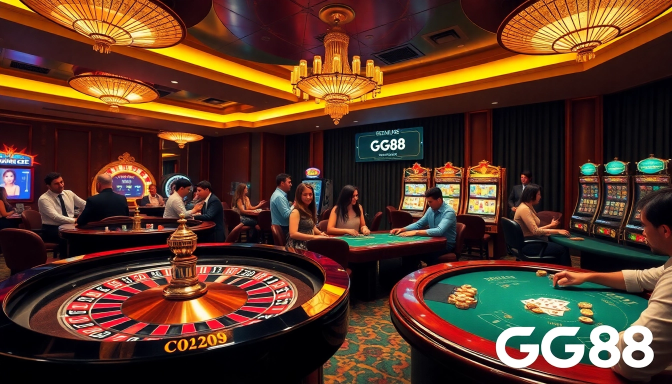 Players engaging in a thrilling casino experience at GG88, featuring vibrant slot machines and a roulette wheel.