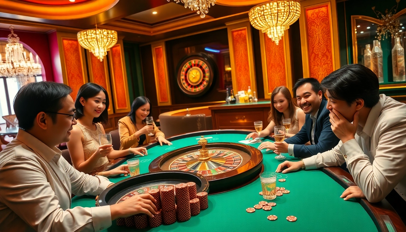Players enjoying the thrill of gambling in Nhà cái DF999's luxurious casino atmosphere.