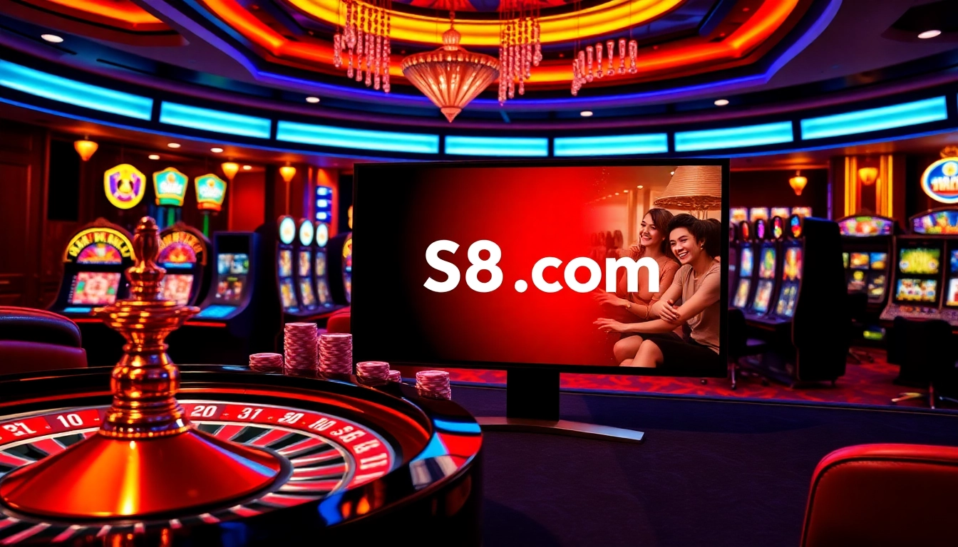 Gamblers enjoying the thrill of online gaming at S8 com, surrounded by vibrant slot machines and poker action.