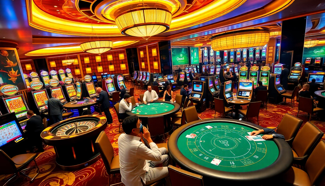 Exciting GG88 gaming action at a luxurious casino with vibrant slot machines and poker tables.