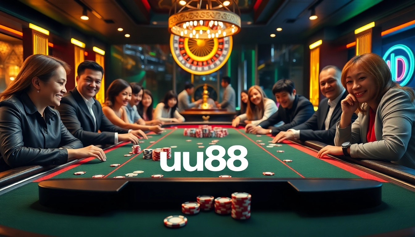 Experience the thrill of online poker with uu88, showcasing vibrant chips and intense players at a casino table.