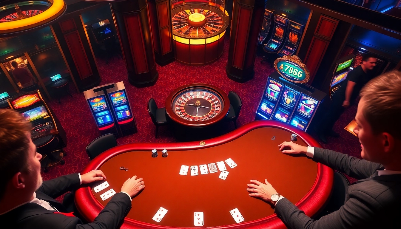 Players enjoying an exciting poker game at 789f casino, surrounded by thrilling slot machines.