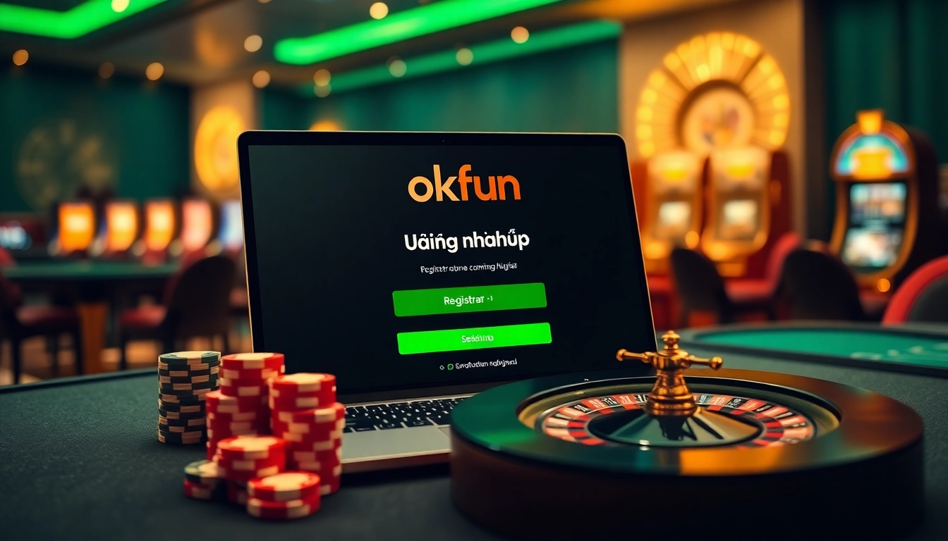 Engaging online gambling scene featuring okfun đăng nhập with poker chips and roulette wheel.