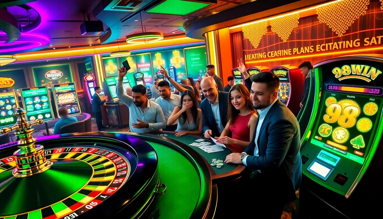 Experience the excitement of 98win as players celebrate wins at a vibrant casino.