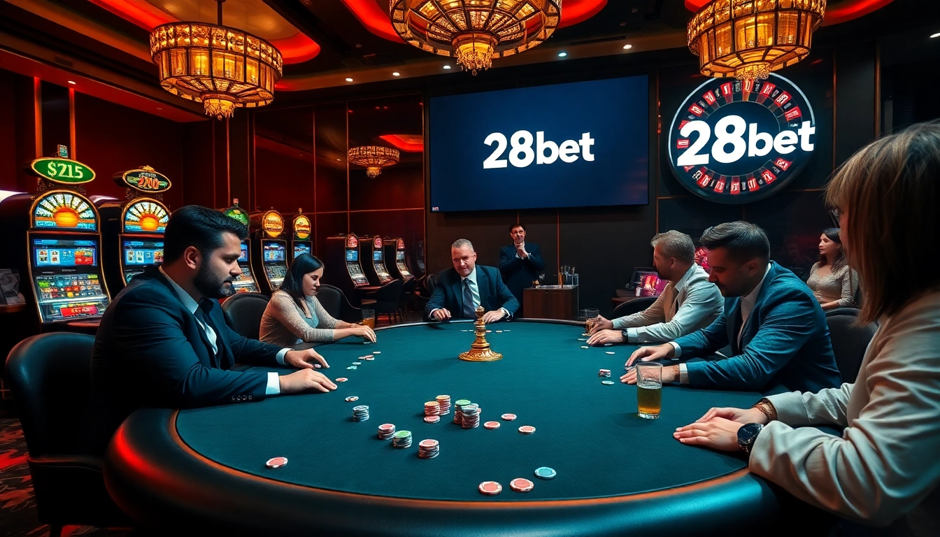 Players enjoying a high-stakes poker game at 28bet casino under elegant lighting.