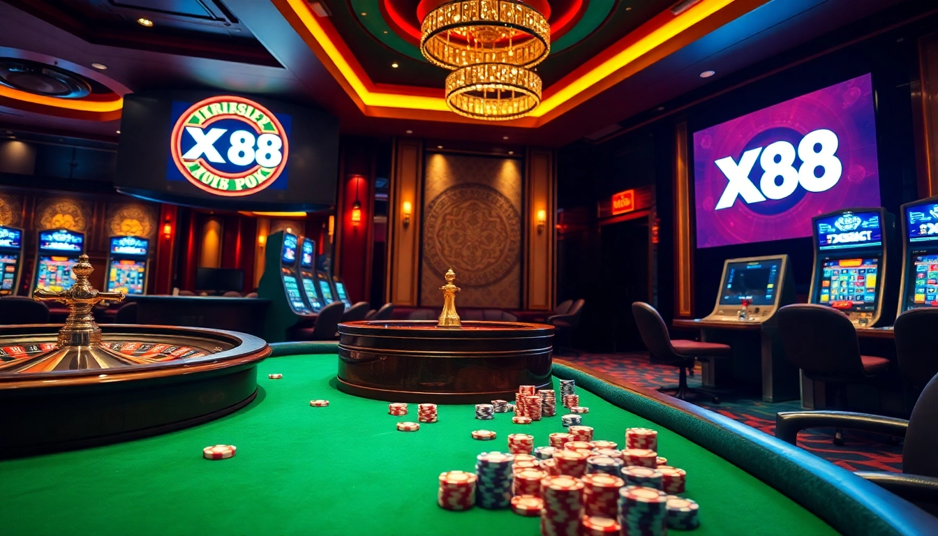 Experience the excitement of gambling at XX88 with vibrant roulette and slot machines in a luxurious casino setting.