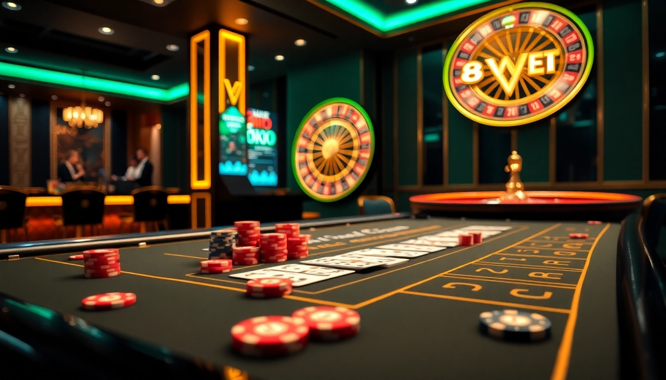 Engaging players in the exciting game bài 88BET at a luxurious casino table filled with vibrant card games and poker chips.