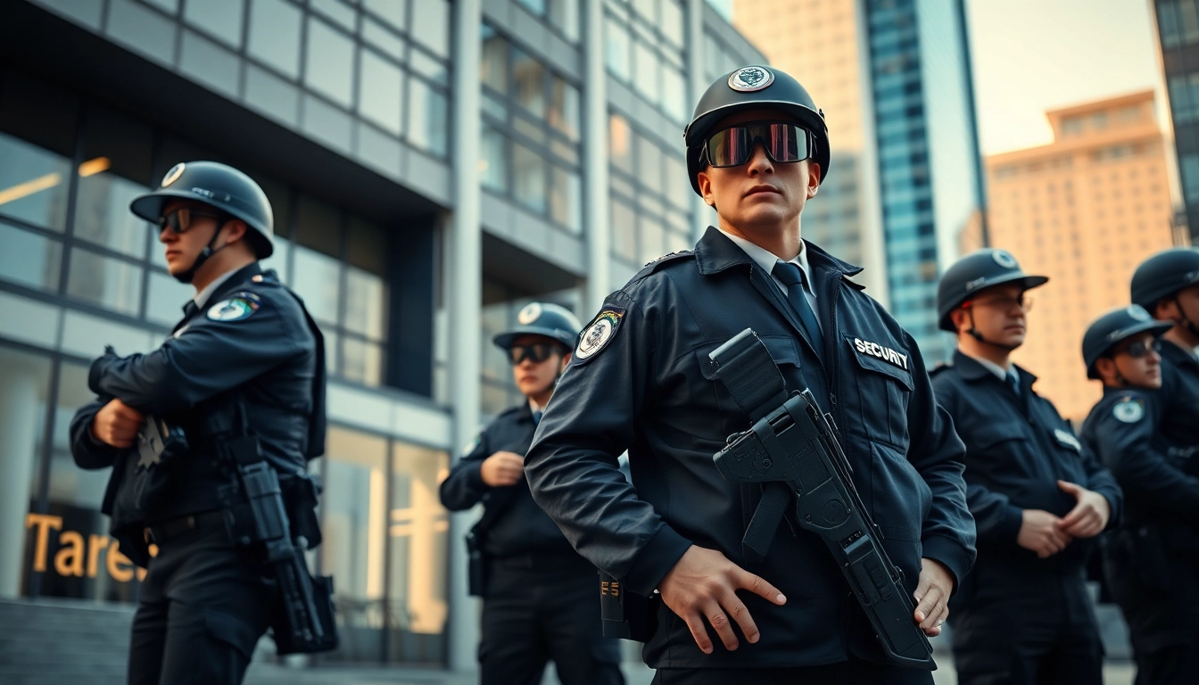 Private security personnel providing vigilant protection in an urban environment.