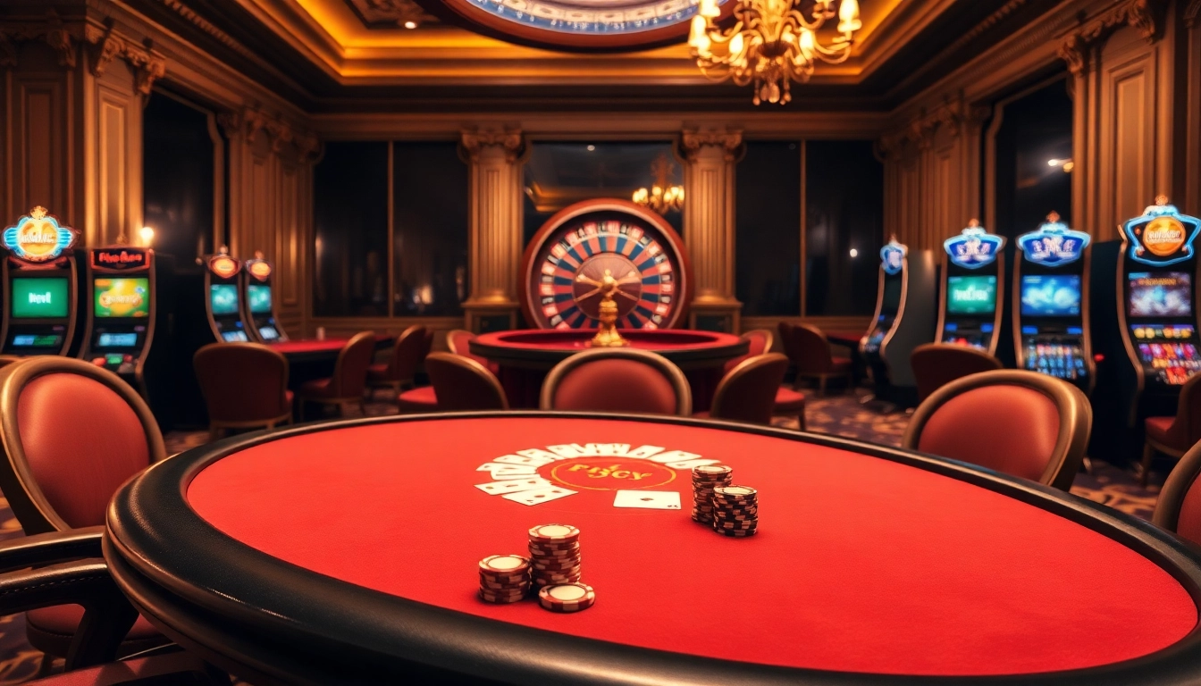 Experience luxury gambling at https://fly88fly.com/ with a vibrant casino scene featuring poker tables and roulette wheels.