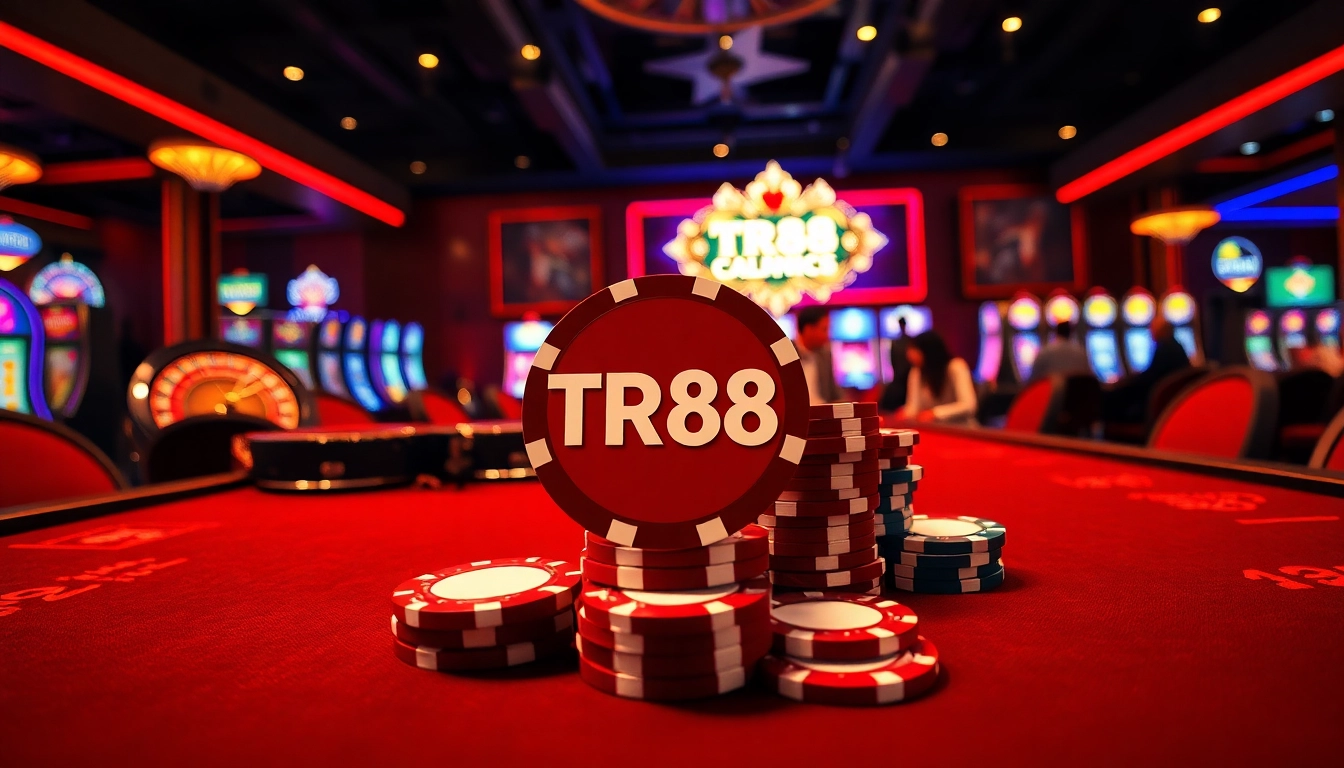 Gamblers enjoying a lively casino atmosphere featuring TR88 branded poker chips and exciting gaming elements.