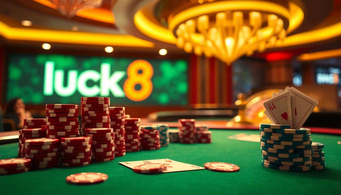 Luck8 players enjoying high-stakes poker and roulette in a vibrant casino atmosphere.