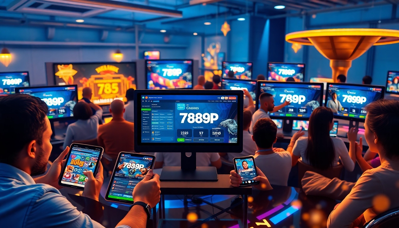 Engaging scene of diverse gamers using 789p platform on multiple devices, showcasing excitement and security in online gaming.