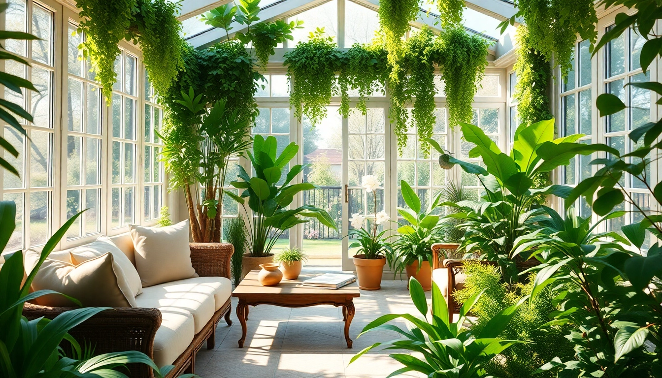 Stunning sunroom with lush greenery and cozy seating area inviting relaxation.