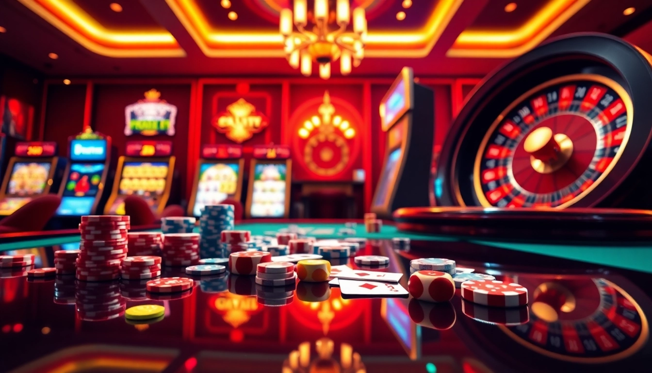 Engaging scene of online casino at https://rr8888.in.net/ showcasing poker chips and slot machines.