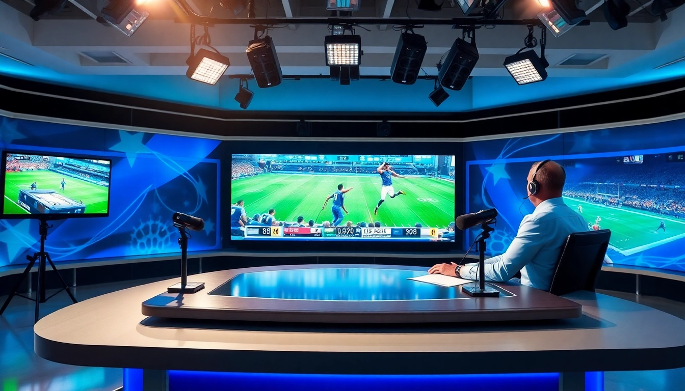 Engaging sports broadcasting in a professional studio with live events displayed.