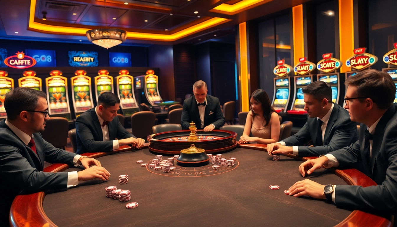 Players enjoying a thrilling poker game at a luxurious GO8 casino table.