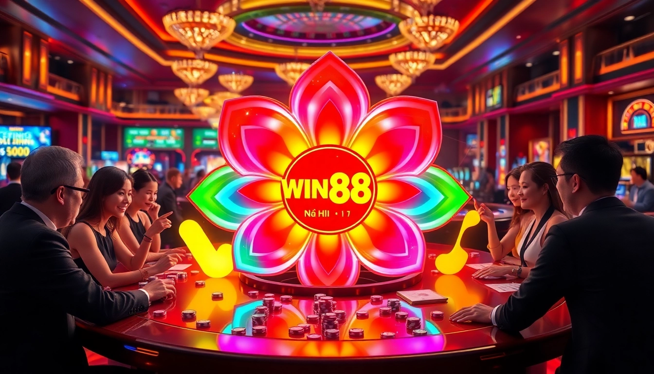 Excited players celebrating their wins at the vibrant WIN88 nổ hũ slot machine in a luxurious casino.