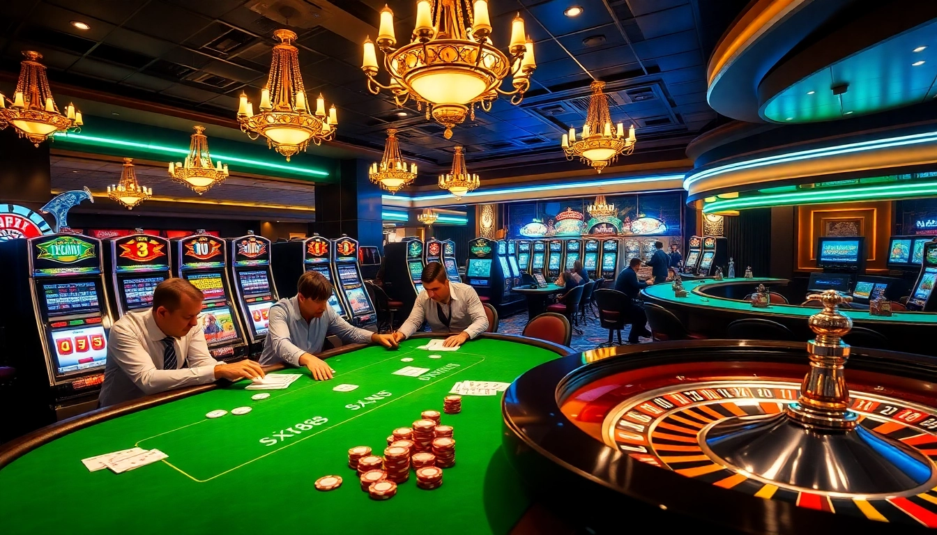 Players engage in high-stakes poker at SX88-themed casino tables, surrounded by vibrant slot machines.