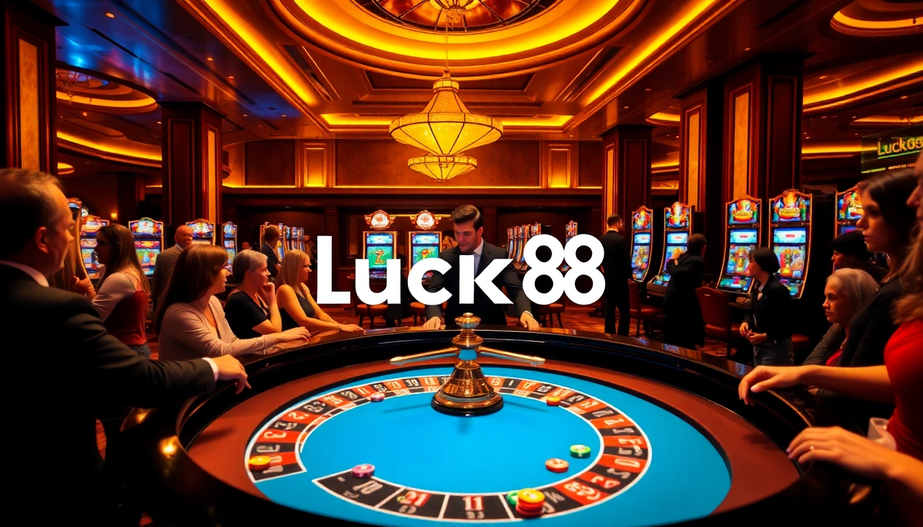 Exciting casino scene with players at a Luck8 branded roulette table, enhancing the gaming experience.