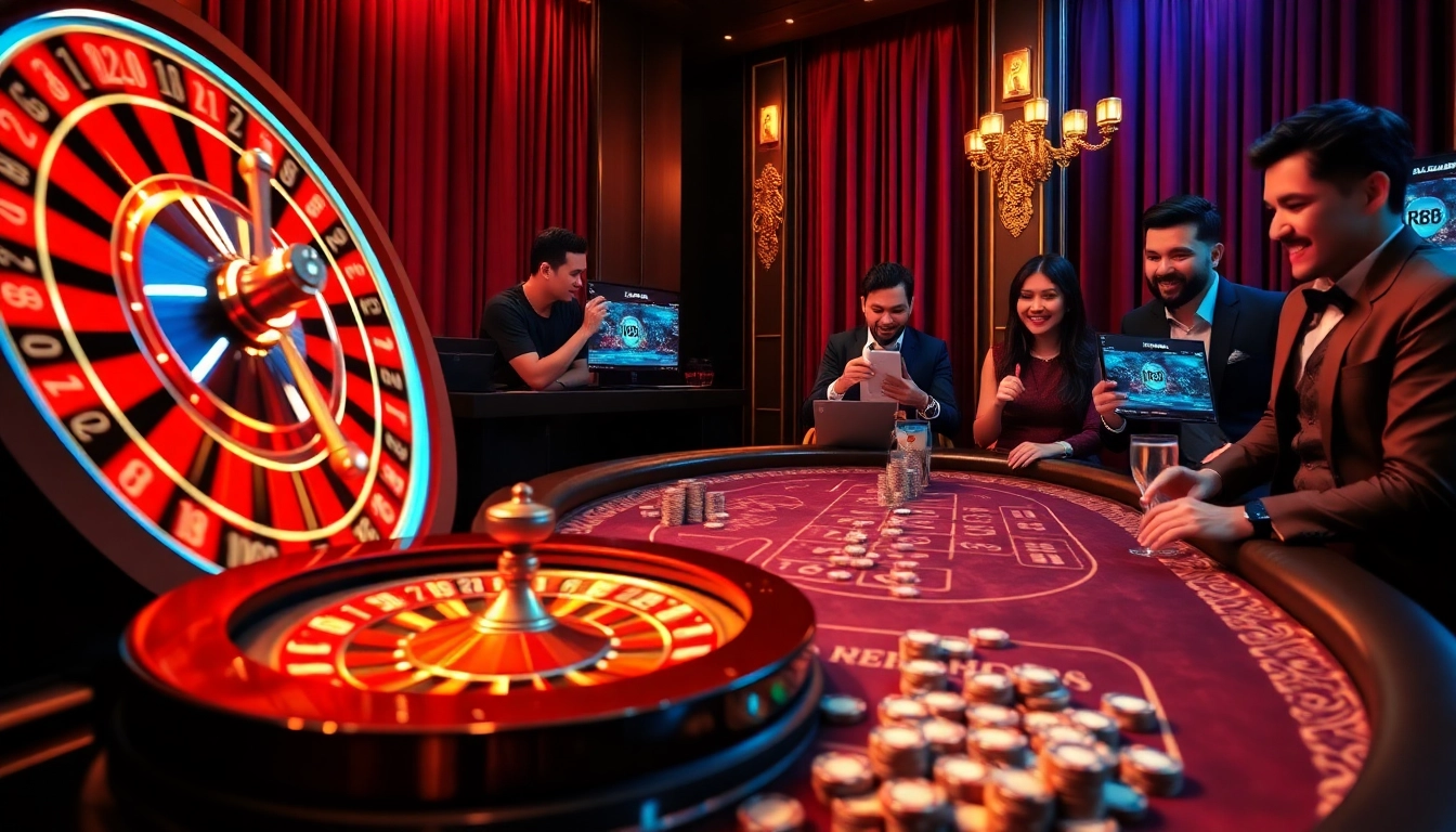 RR88 players enjoy a thrilling casino experience with a vibrant roulette wheel and colorful poker chips.