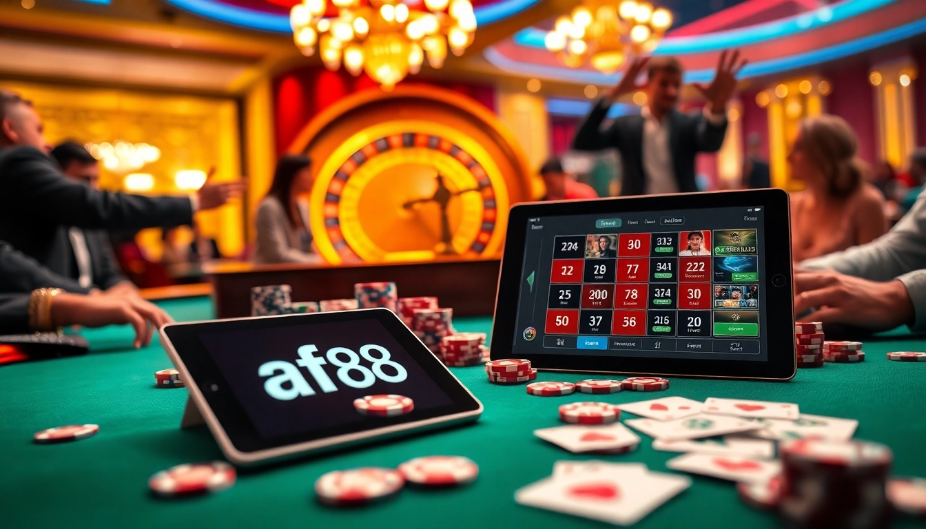 Players enjoying a thrilling af88 gaming experience at an elegant casino table.