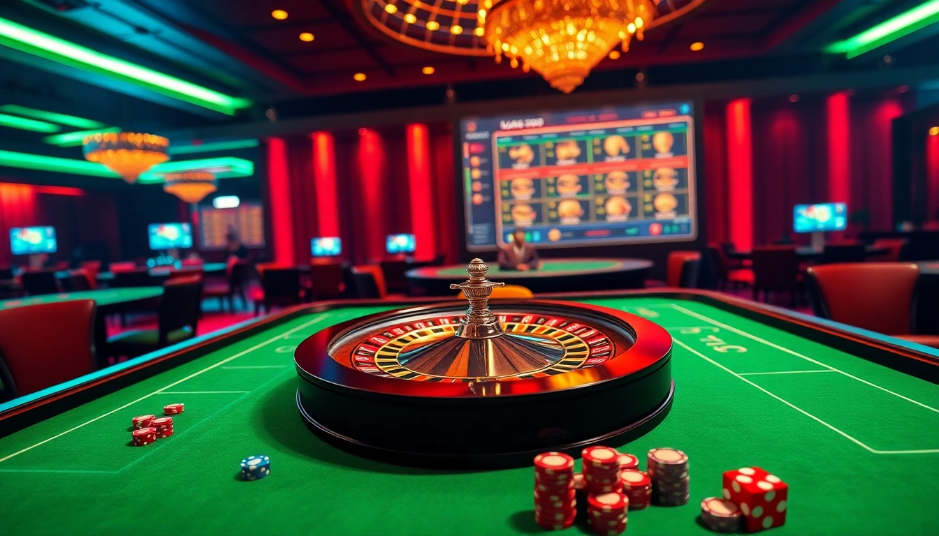 Engaging U888 roulette wheel surrounded by casino tables, dice, and poker chips.