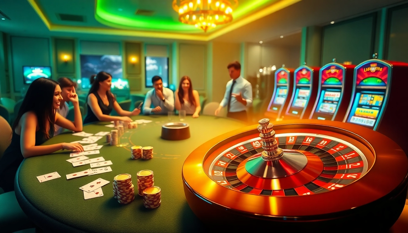 LUCKYWIN casino scene showcasing vibrant tables, exciting gameplay, and a luxurious atmosphere for online gamblers.