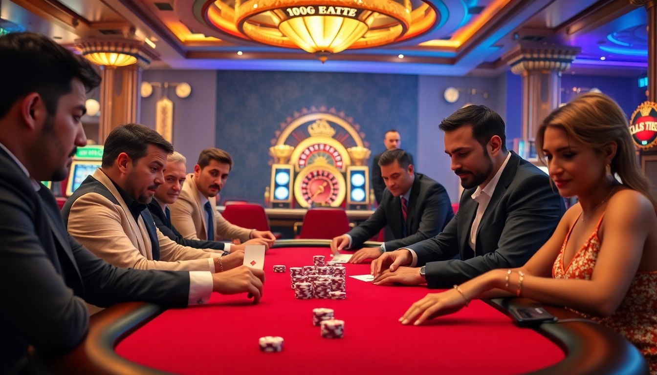 Exciting poker action at a Sunwin casino table, showcasing vibrant chips and players focused on winning.