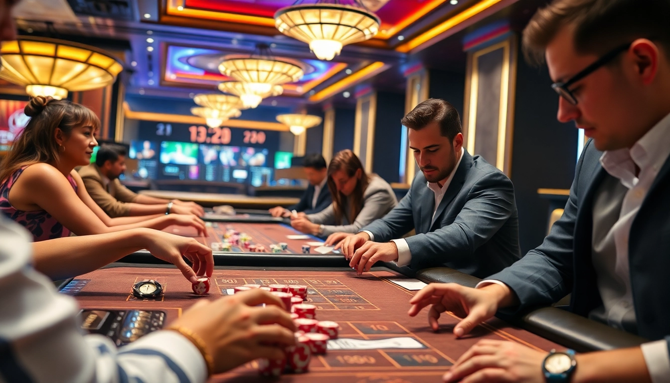 Exciting players actively engaging in a game of tài xỉu md5 with colorful dice and vibrant casino atmosphere.