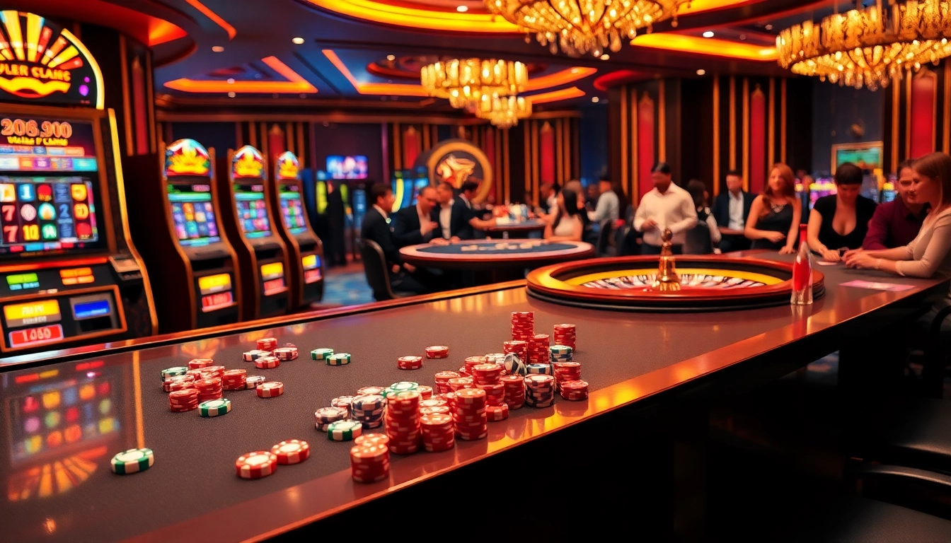 MM88 casino players engaging in high-stakes gaming with vibrant slot machines and poker tables.