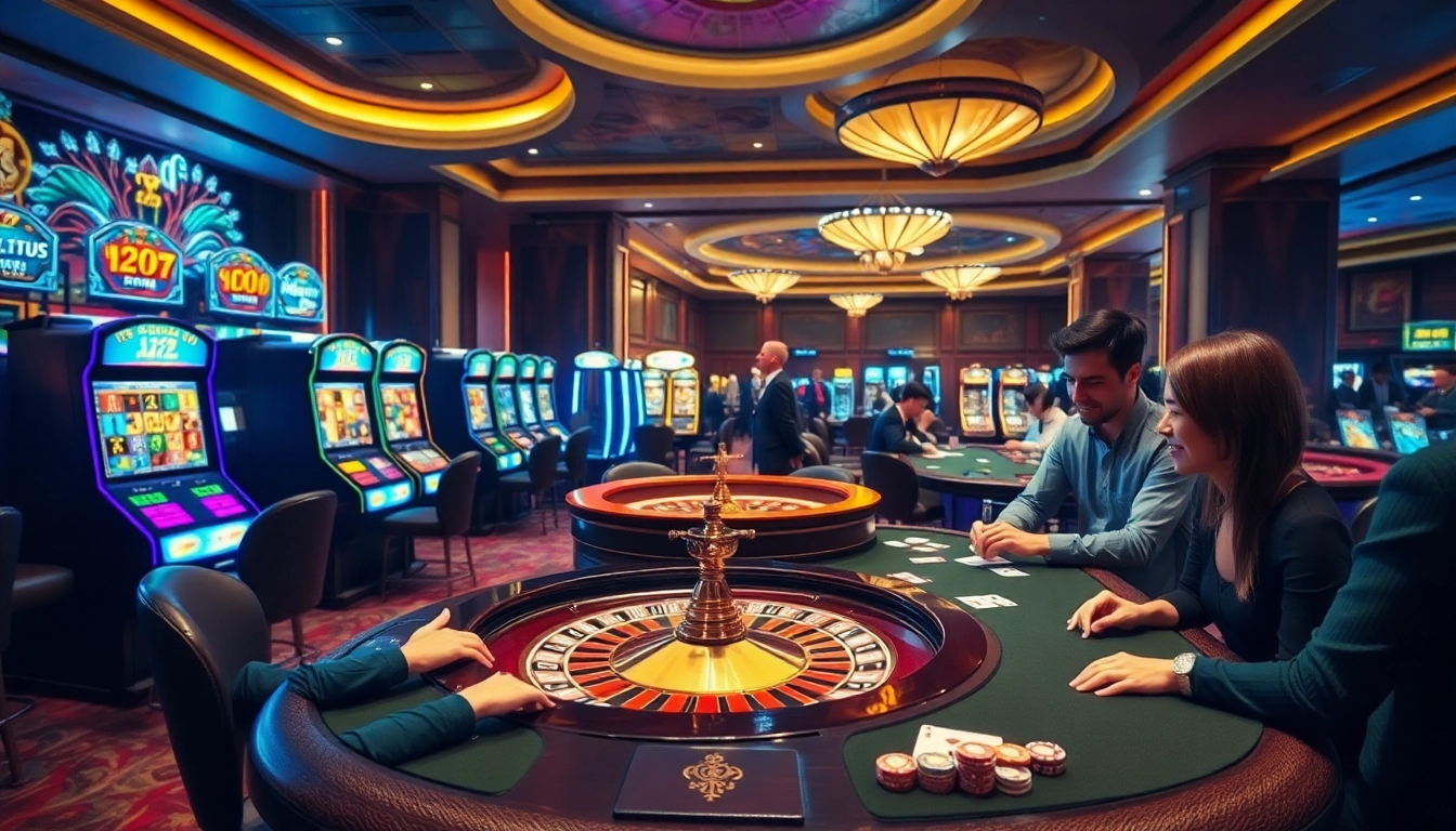 Casino ambiance showcasing excitement at trang chủ dh88 with players at roulette and poker tables.