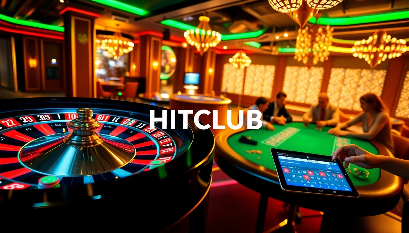 HITCLUB casino scene showcasing vibrant roulette, engaging poker table, and online betting interface.