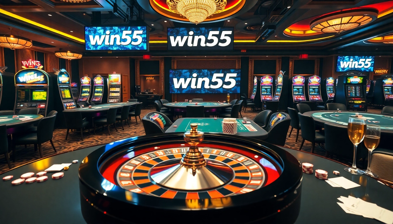 Engaging casino scene featuring win55 with poker chips and roulette wheel.