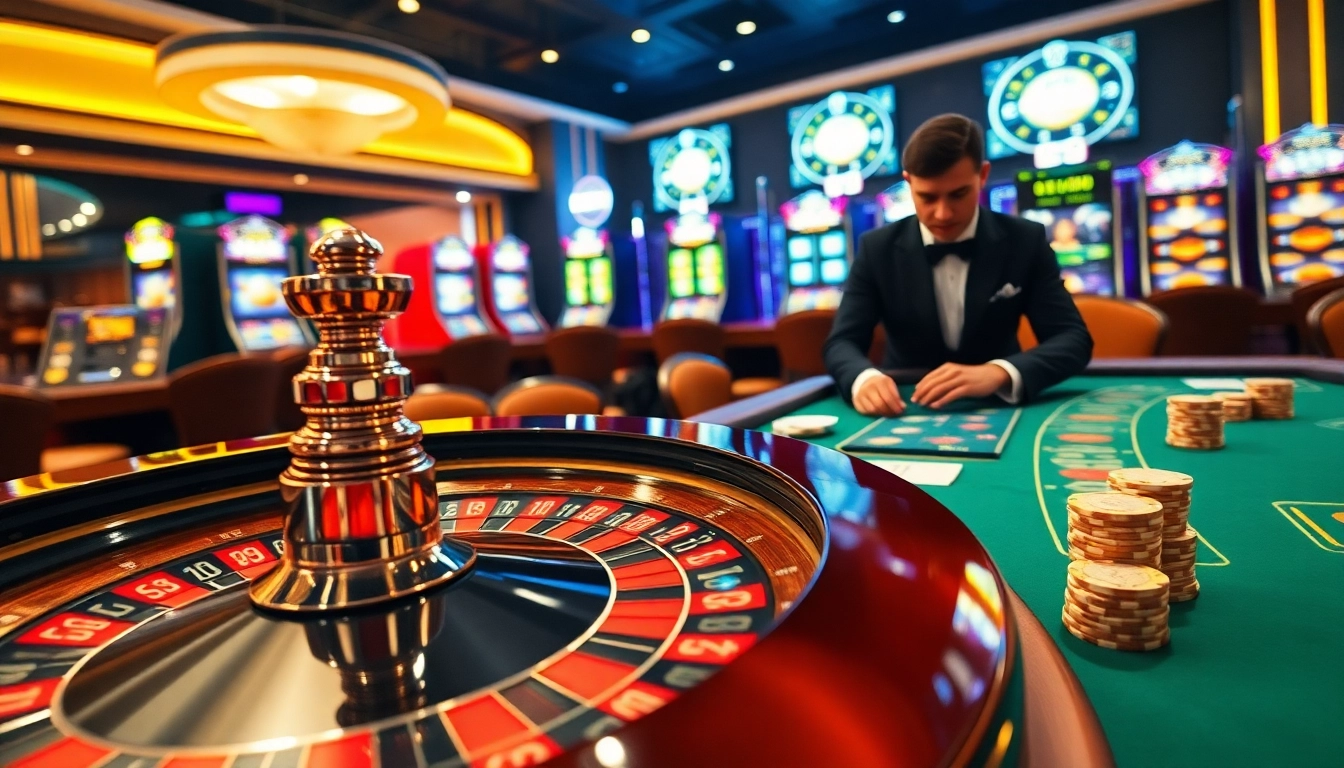 Engaging players at website dh88 enjoying a luxurious online casino experience with poker chips and a roulette wheel.