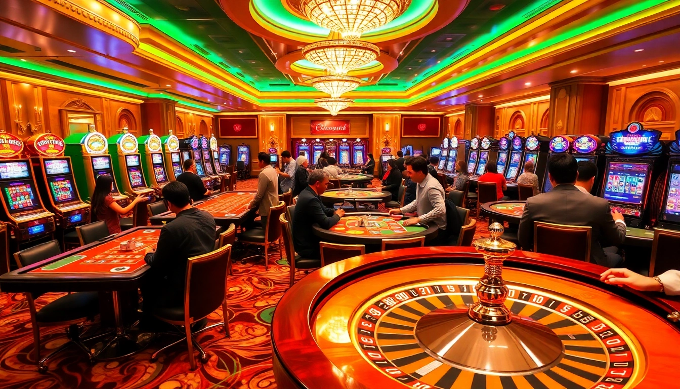 Experience the excitement of betting at https://sunwin.builders/ with players at vibrant casino tables and slot machines.