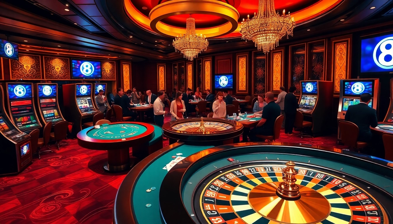 Experience the excitement of ABC 8 casino games with vibrant visuals of players enjoying blackjack and slot machines.