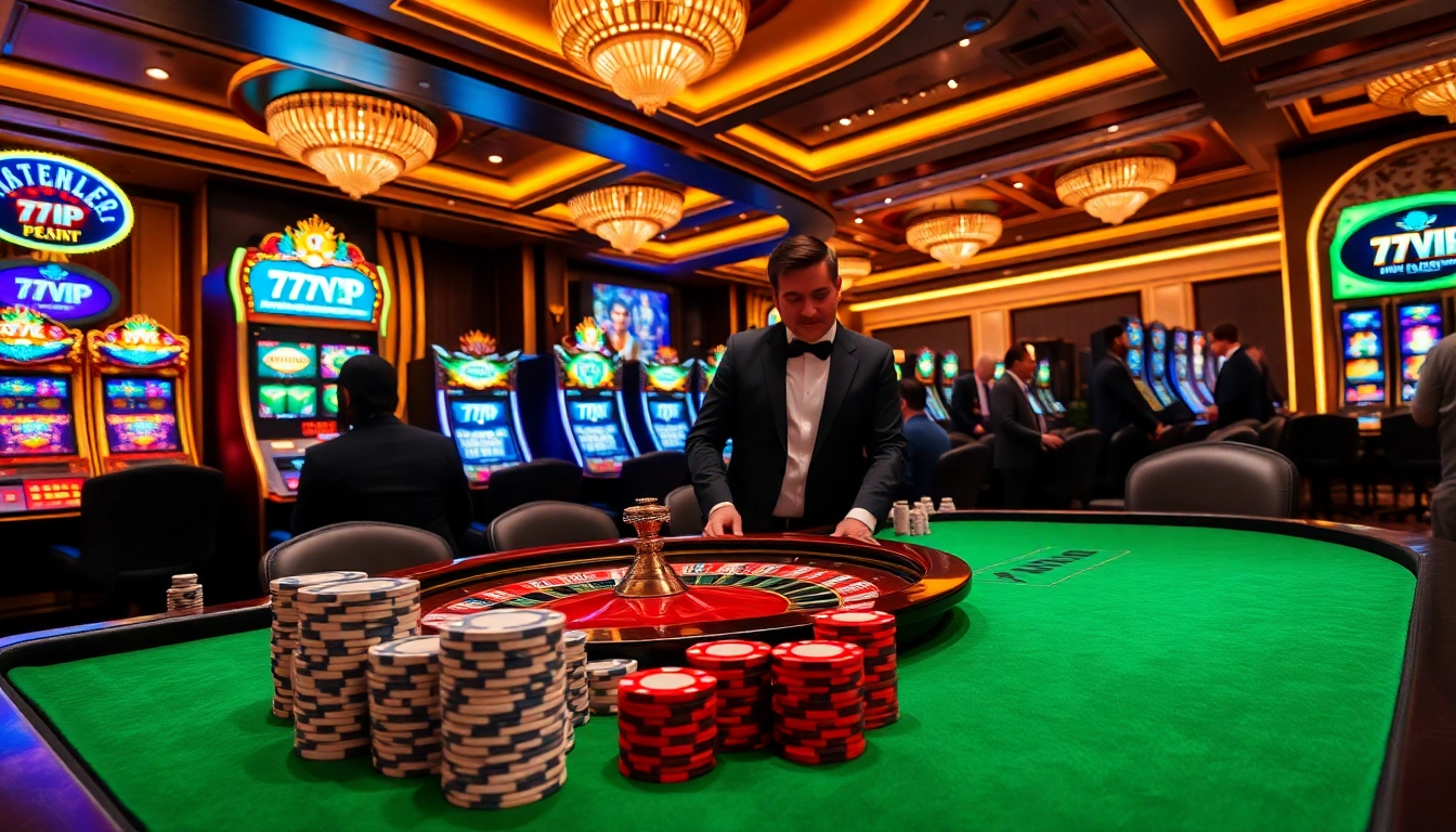 Engaging scene of gamblers playing at the luxurious 777VIP casino with poker chips and roulette.
