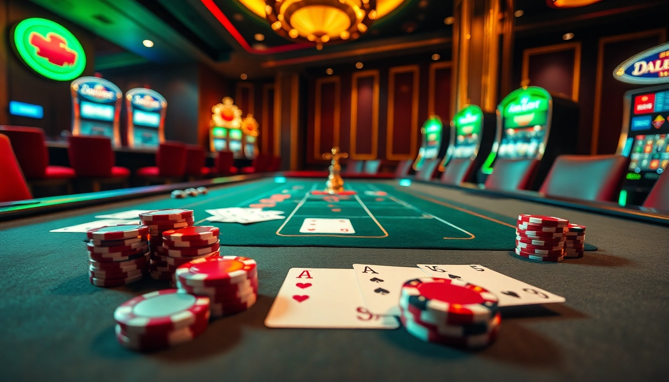 Intense action at a TR88 casino table with chips and cards, reflecting vibrant luxury.