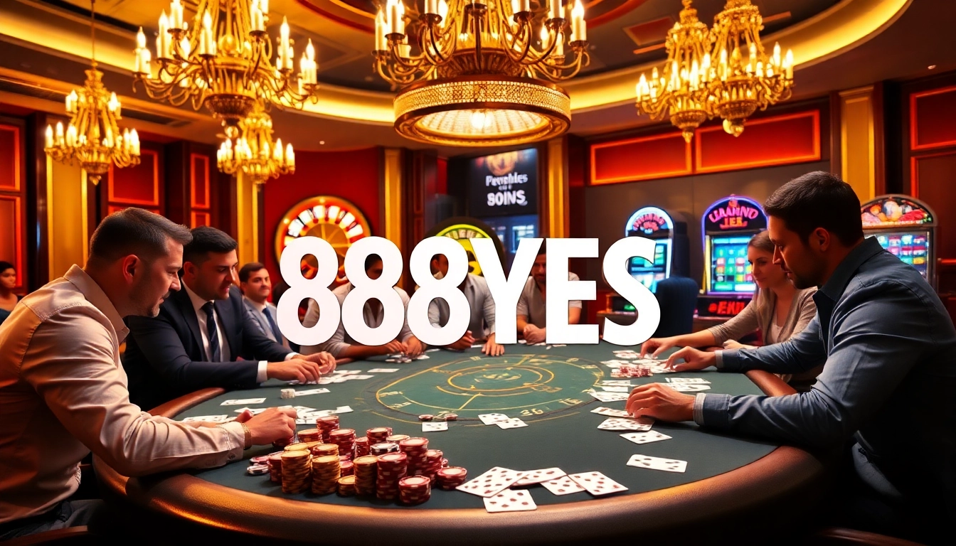 Players enjoying poker while engaging with 888YES at a luxurious casino table.