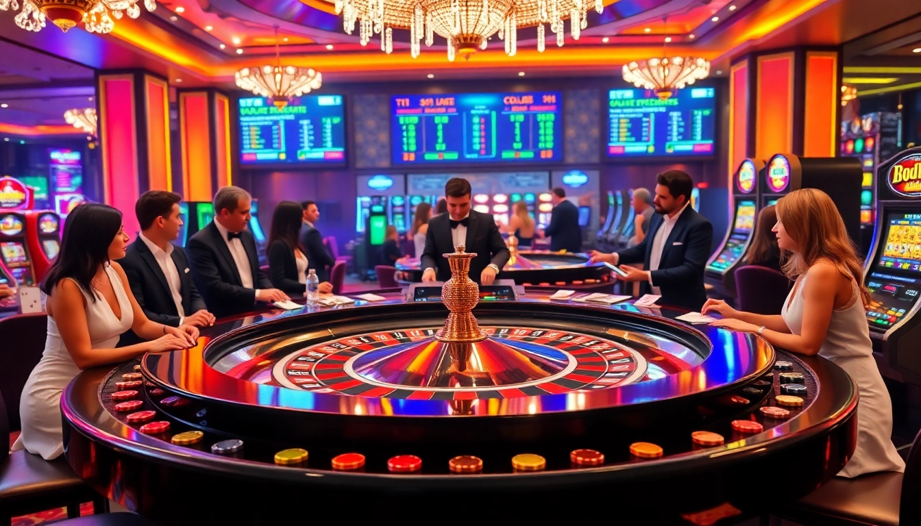 Excited gamblers enjoying roulette and card games at rr99 casino.