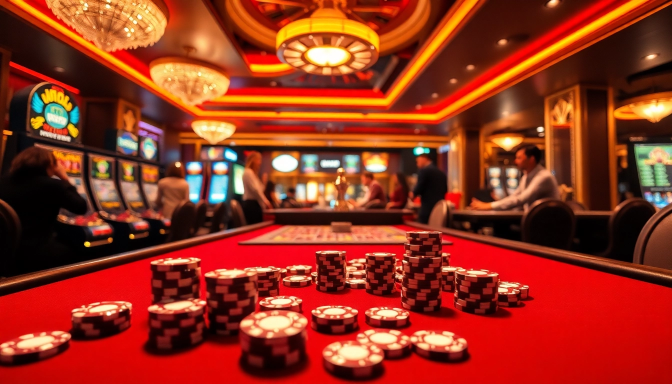 Exciting gaming atmosphere at UU88 featuring poker tables and vibrant slot machines